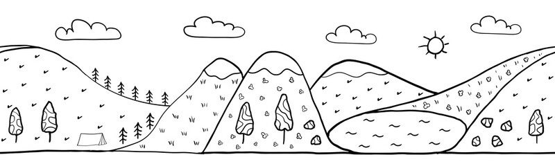 Seamless horizontal landscape mountain and lake nature ready for footer or header web site or landing page design. Set of vector illustration doodle black and white isolated on white background