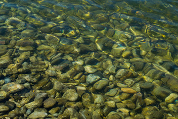 Stones underwater in the sea or lake. Background with water and stones.