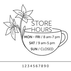 Business hours for cafe. Sticker with lilies on the window