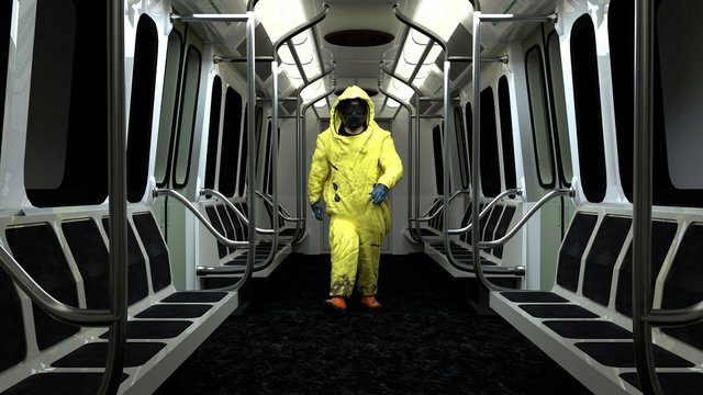 Man wearing Hazmat Suit in Metro Subway 3d illustration