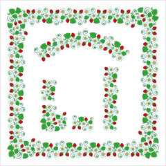 Cute illustration frame with strawberry leaves, flowers and fruits