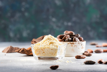 Organic cocoa butter, cocoa beans, grated cocoa lump, dark chocolate on gray blue background. Copy...