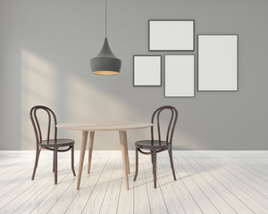 Minimal room with table and chair, hanging lamp, gray wall and picture frame. 3D rendering