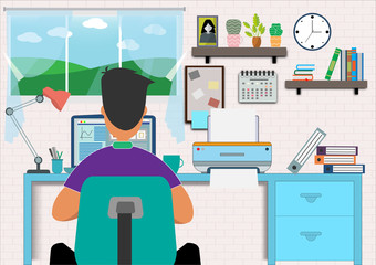 Flat design vector of man doing work at the laptop computer in office.He is sitting on a chair behind computer with picture,clock,lamp,Vector Graphic designer and workplace concept.