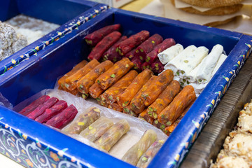Sweet Turkish dessert in a cardboard box.