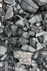 Burnt firewood texture. Cold coals of burnt wood background. Top view
