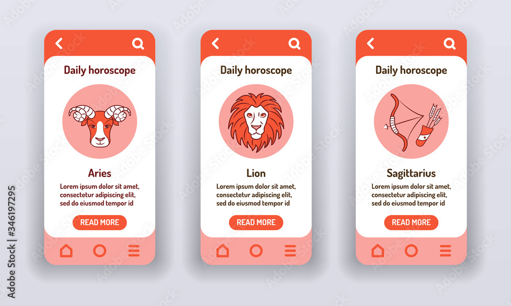 Poster daily horoscope on mobile app onboarding screens. predictions and human character. elements fire. ba