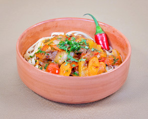 Uzbek lagman with pumpkin and lamb meat