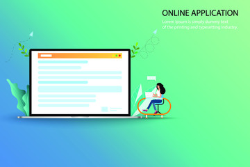 Online application concept, a young woman is searching in the internet by using laptop to find a course to apply in the university and or job application after graduation in pastel color background.