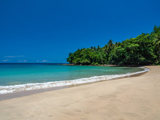 Fototapeta na wymiar Tropical beachin Musu, next to Vanimo city, surf spot, surf beach, full of palmtrees and jungle, West Sepik, Papua New Guinea