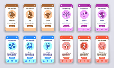 Daily horoscope on mobile app onboarding screens. Astrology. Predictions and human character. Banners for website on red background and mobile kit development. UI UX GUI template.
