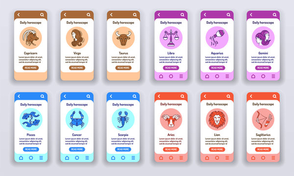 Daily horoscope on mobile app onboarding screens. Astrology. Predictions and human character. Banners for website on red background and mobile kit development. UI UX GUI template.