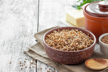 Boiled buckwheat porridge on the table