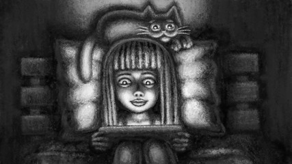 Cartoon girl is sitting on the bed with an electronic tablet. Cute cat sits on her pillow and peeps.