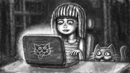 A cartoon ?ute girl is working on a laptop and a funny cat is spying on her.