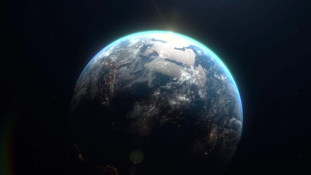 Beautiful sunrise world skyline. Planet earth from space. Planet earth rotating animation. Clip contains space, planet, galaxy, stars, cosmos, sea, earth, sunset, globe. 4k 3D Render.