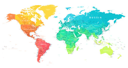 Fototapeta premium Mapa świata Kolor Jasny Politycznych - Szczegółowych Ilustracji Wektorowych