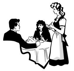 Restaurant scene. Couple at a restaurant table with wine. Flat style vector image. Waiter on the background