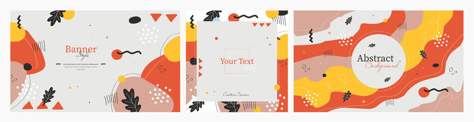Шаблон прямоугольныйCollection of three abstract red banners with place for text. Hand made doodle colorful geometric vector backgrounds perfect for web and application design, banners, posters, adver
