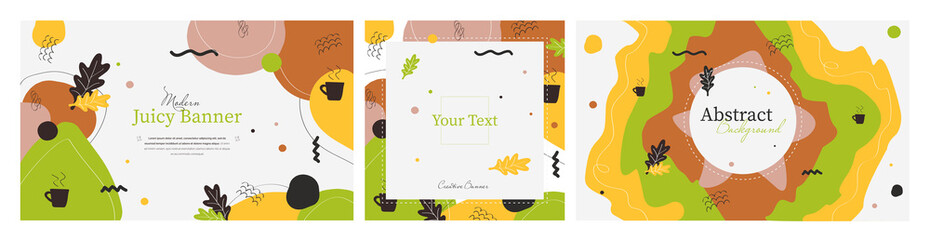 Collection of three juicy abstract banners with place for text. Hand made doodle colorful geometric vector backgrounds perfect for web and application design, banners, posters, advertising & more