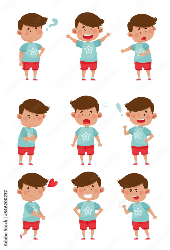 Aufkleber emoji boy with different face expressions like puzzled and scared face vector set