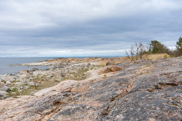 Fototapeta na wymiar Rocky shore of the Baltic Sea (Ostersjon). Photo of Scandinavian nature. Swedish coast.