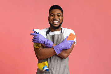 Joyful Black Man With Household Tools In Hands Ready To Clean