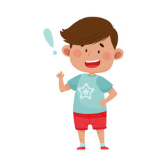 Dark Haired Boy Wearing Red Shorts Standing with Pointer Finger Up Showing Smart Expression on His Face Vector Illustration
