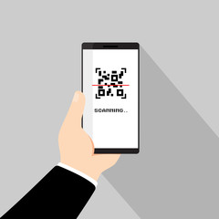Hand holding mobile phone scanning QR Code for payment, White space for entering your QR Code.