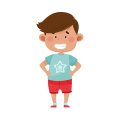 Dark Haired Boy Wearing Red Shorts Showing Happy Expression on His Face Vector Illustration