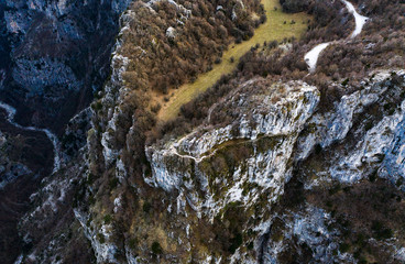 Aerial view of Vikos Gorge, a gorge in the Pindus Mountains of northern Greece, lying on the...