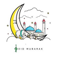 Happy Eid Mubarak with flat line art Illustration Design Vector