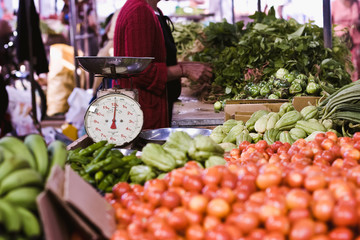 Colourful vegetable and fruit market stalls at Goodlands, Mauritius. Selective focus