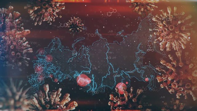 Motion graphics map of Russia with the localization and spread of the epidemic across the country. Suitable for mapping outbreaks of diseases, epidemics, the spread of crisis situations and emergency.