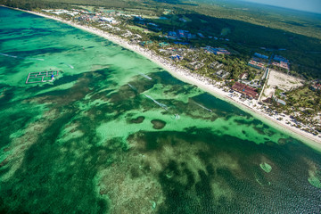 Punta Cana Bavaro beach aerial drone view  on tropical coastline in Cortecito area, Dominican republic  