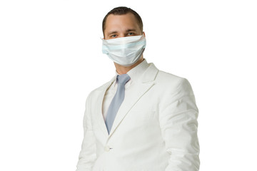 Man in protective mask and white suit isolated on white