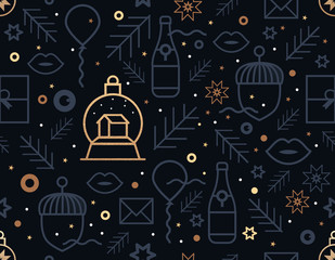 New Year pattern of the style of abstract contour art.  Includes a balloon, confetti, and a Christmas glass ball with Gold grunge texture. Seamless ornament for decor, wallpaper, New Year's souvenirs