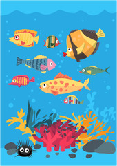 Fototapeta na wymiar Vector greeting card bright color cartoon underwater world of fish and plants