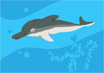 Vector image of fish dolphin on blue background with silhouette of waves and algae. Gift card for collecting for children.