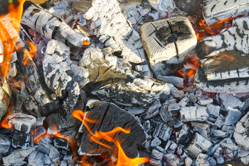 black hot coals in a blast furnace for metal melting. metal mining and processing industry. Black coals from a burnt fire made of wood