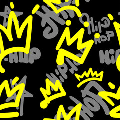 Seamless pattern with crowns and hip hop lettering drawn by hand. Music print. Stylish vector illustration.