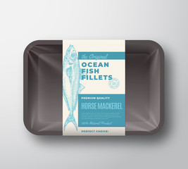 The Original Fish Fillets Abstract Vector Packaging Design Label on Plastic Tray with Cellophane Cover. Modern Typography and Hand Drawn Horse Mackerel Silhouette Background Layout.