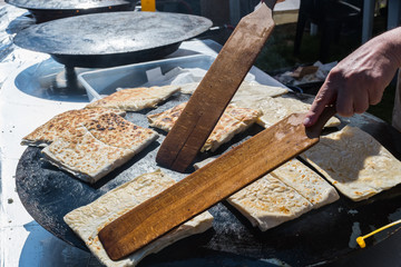 Traditional Turkish dish called gozleme, made of flat bread stuffed