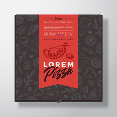 Sun Dried Tomato Frozen Pizza Realistic Cardboard Box. Abstract Vector Packaging Design or Label. Modern Typography, Sketch Seamless Food Pattern. Black Paper Background Layout.