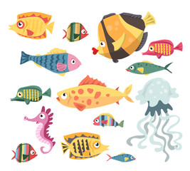 Vector set with underwater ocean fish, on a white background in isolation.