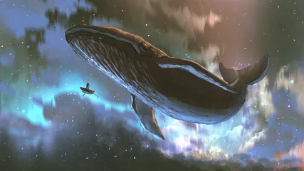 Poster ruimtereisconcept met een man die kijkt naar de gigantische walvis die in de prachtige lucht vliegt, digitale kunststijl, illustratie, schilderkunst © grandfailure