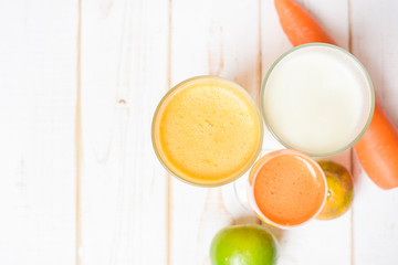 Healthy diet Fruits and vegetables juice ready to drink on wooden table
