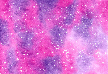 Pink abstract background with bubbles. Color splashing on paper. Fantasy animation sky with stars. Hand drawn art. Aquarelle texture. Pink, purple and white romantic wallpaper