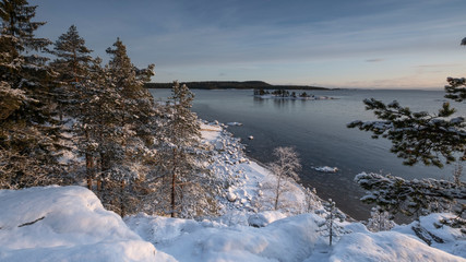 island Kajosaari in the snow and winter  on the lake Ladoga in Republic of Karelia