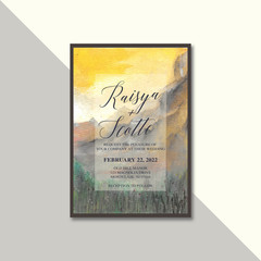 wedding invitation andscape with mountains watercolor background